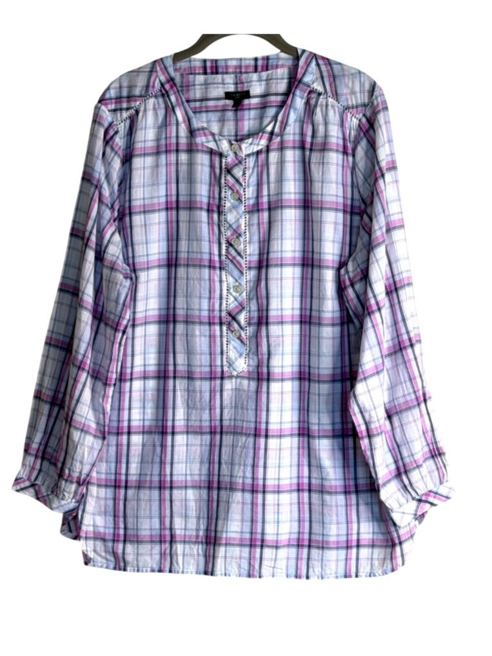 Talbots Band Collar Popover Sunny Pink Plaid Top Cotton Button GrannycoreSize 1X